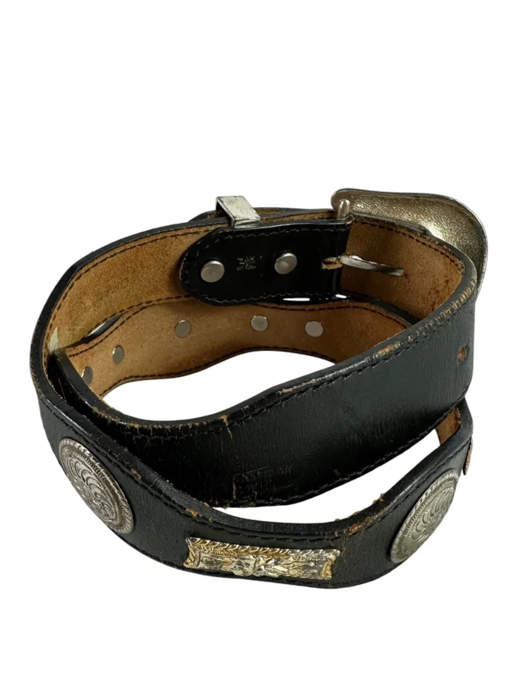 Vintage Black Leather Western Concho Belt Silver Engraved Buckle Boho Size 32